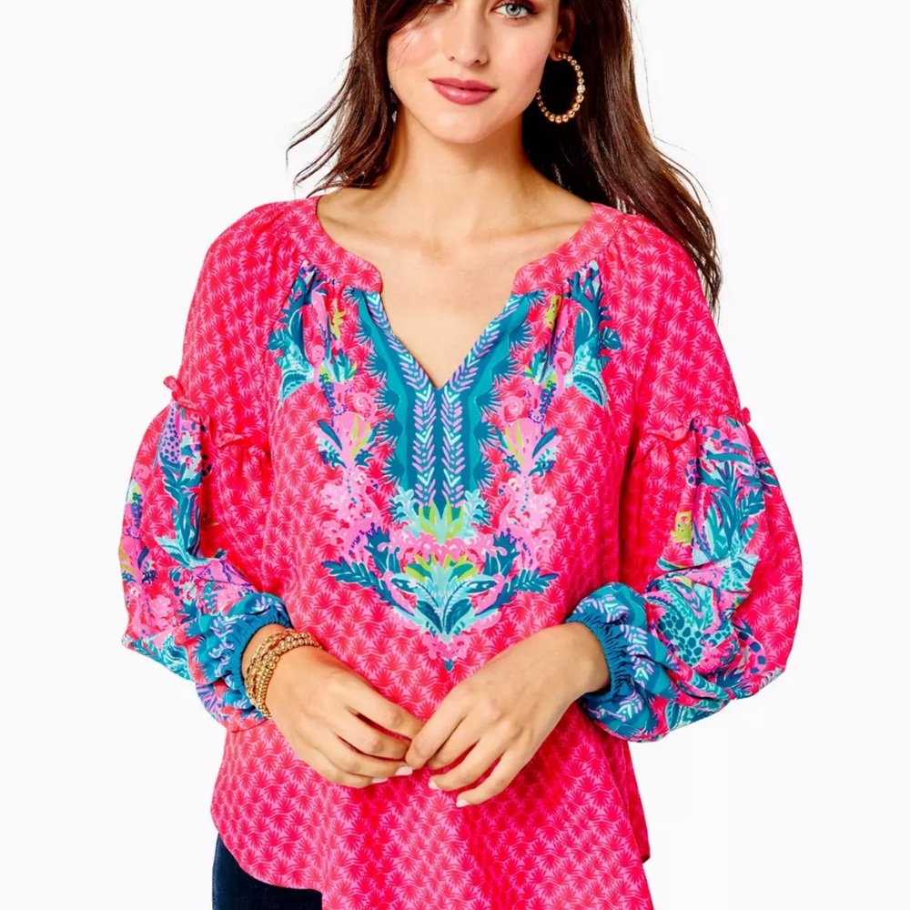 Lilly Pulitzer Blouse - Zaid Popover Blouse - Pink & Blue | Size M